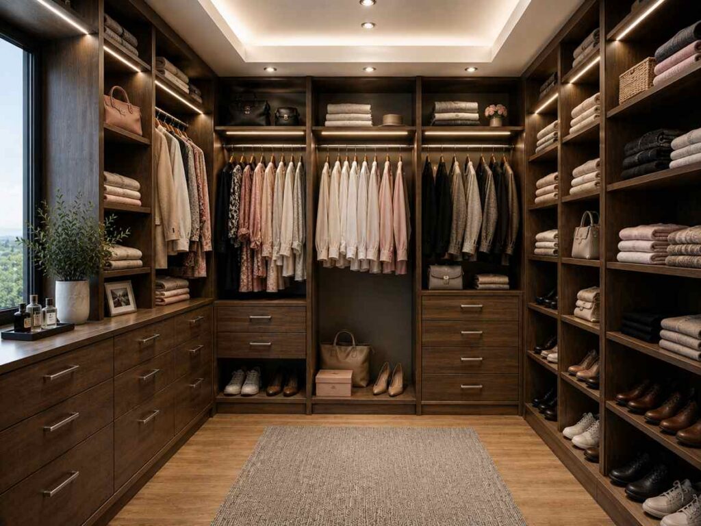 Modern luxury walk-in closet with custom wood cabinetry, integrated LED lighting, open shelving, built-in drawers, and minimalist organization design showcasing custom closet industry trends 2026.