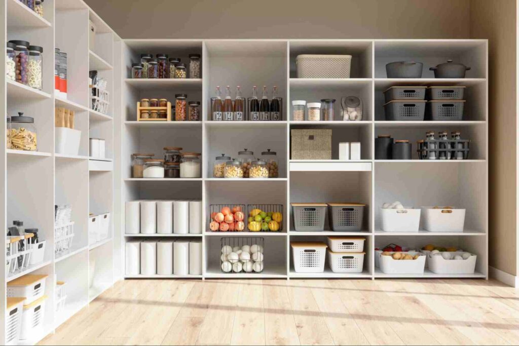 Custom whole-home storage packages featuring organized floor-to-ceiling shelving with labeled bins, baskets, pantry containers, and household storage solutions designed to maximize space and improve home organization.