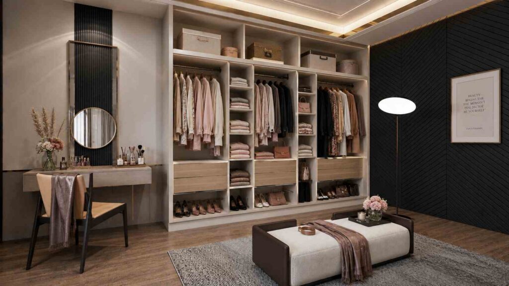 Modern walk-in closet showcasing custom closet product offerings with built-in shelving, hanging storage, drawers, and open organization.